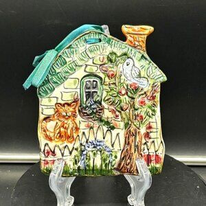 Vintage 2000 Heather Goldminc Blue Sky Ceramic Cat Bird Plaque Ornament